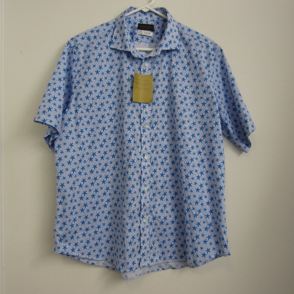 Thomas Dean Shirst Mens XL Blue Stars‎ Stripes Button Front short Sleeve Summer